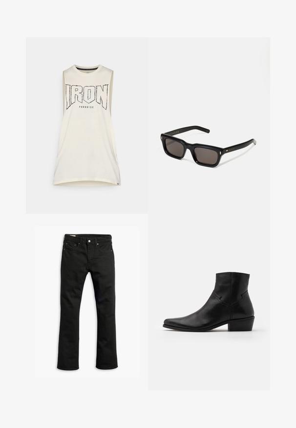 Beigi be rankovių marškinėliai su žodžiu "IRON" išryškintu juodu užrašu. Pagaminti iš minkštos medvilnės, turi apvalią iškirptę ir laisvą siluetą.; Juodos džinsinės kelnės su tiesiu kirpimu, penkiomis kišenėmis, metaliniu užsegimu ir subtiliomis siuvimo detalėmis. Lygus paviršius ir vientisa spalva.; Juodi odiniai auliniai batai iki kulkšnies su smailiu nosiu, minimaliais siuvimo akcentais, vidutinio aukščio blokuotu kulnu ir lygia, blizgia danga.; Juodos stačiakampės akinių nuo saulės su tamsiais objektyvais, storu plastiko rėmu, auksinėmis detalėmis ant šventyklų ir prekės ženklo logotipu išgraviruotu ant šono.