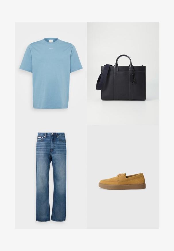 Šviesiai mėlynas medvilninis marškinėliai su apvalia iškirpte ir trumpomis rankovėmis. Diskretiškas „Calvin Klein“ logotipas baltos spalvos spausdintas ant krūtinės.; Mėlyni tiesaus kirpimo džinsai su šiek tiek išblukimu, priekinis mygtukų užsegimas ir mažas logotipo ženkliukas dešinėje priekinėje kišenėje.; Rudos zomšos slip-on tipo batai su tekstūru, apvalia nosia ir kontrastinga gumine išorine dalimi. Yra subtilus ženklas netoli kulno.; Tamsiai mėlynas odinis portfelis su dviem viršutinėmis rankenomis ir nuimamu diržu. Yra tekstūruotas paviršius, vertikalios siūlės ir logotipo detalė.