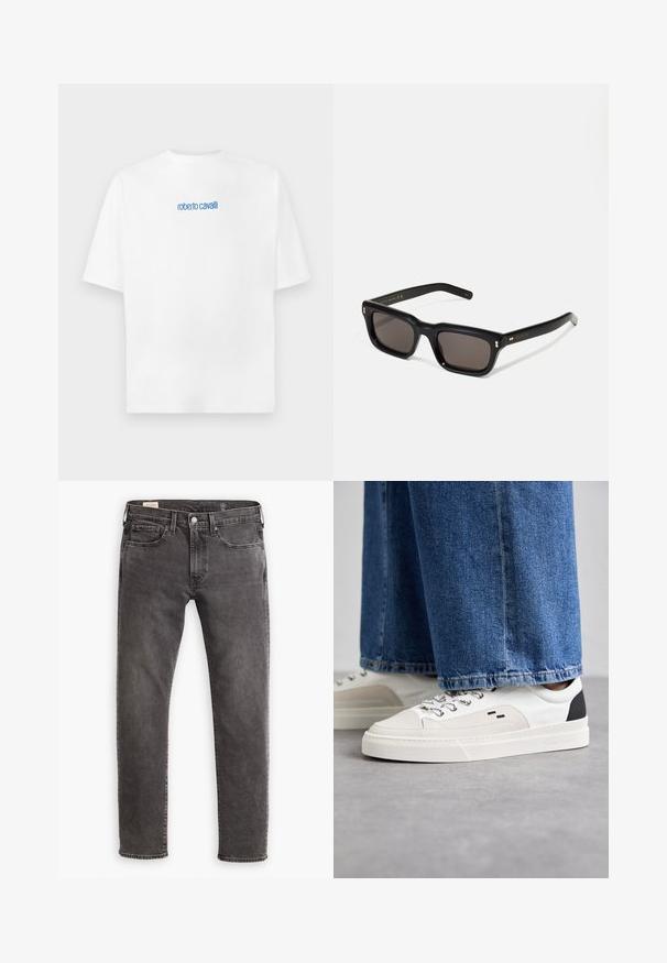 Biele tričko s krátkym rukávom a nápisom "roberto cavalli" v malých modrých písmenach umiestneným na hrudi, jednoduché pozadie.; Šedé denímové nohavice so strižením v rovnom strihu, dizajnom s piatimi vreckami a gombíkovým zapínaním. Obsahujú jemné blednutie a tónovité šitie po celom obvode.; Biele a čierne tenisky s hladkým koženým zvrškom, štruktúrovanými akcentmi a masívnou bielou podrážkou. Obsahujú klasický dizajn so šnurovaním.; Čierne obdĺžnikové slnečné okuliare s tmavými sklami, hrubým plastovým rámom, zlatými detailami na spánkoch a vygravírovaným logom značky na ramene.