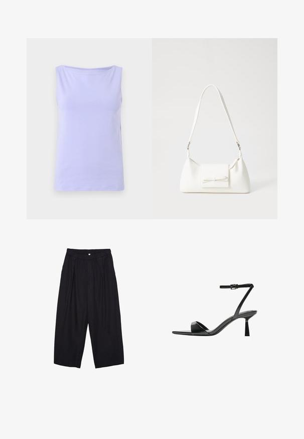 Lavendel, ärmelloses Oberteil aus weichem Baumwollstoff mit rundem Halsausschnitt und glatter Textur. Einfaches Design, keine sichtbaren Muster oder Akzente.; Schwarze Polyester-Culotte mit einem elastischen Bund, zwei vorderen Falten und einer lockeren Silhouette. Keine sichtbaren Muster oder Hardware-Details.; Bershka High Heel Sandalette - black; Weiße synthetische Handtasche in dreieckiger Form, flache Vorderklappe und Schleifendetail, verstellbarer Trageriemen, glatte Textur und minimalistisches Design.
