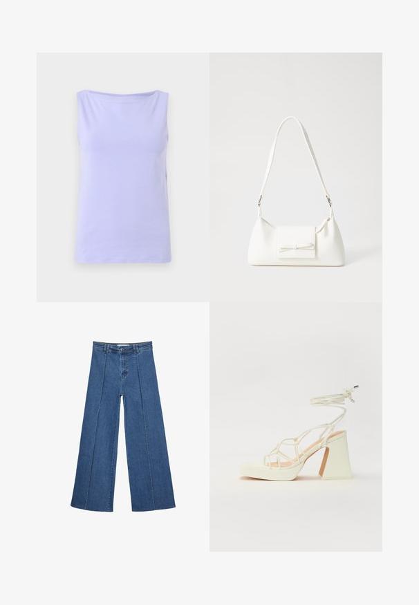 Lavendel, ärmelloses Oberteil aus weichem Baumwollstoff mit rundem Halsausschnitt und glatter Textur. Einfaches Design, keine sichtbaren Muster oder Akzente.; Weite Jeans aus Denim in Mittelblau, mit hoher Taille, Knopfverschluss und kontrastierenden vertikalen Nahtdetails an der Vorderseite.; Weiße High-Heel-Sandale mit einem klobigen Absatz, die über ein Riemchendesign und ein Knöchelband verfügt. Glatte Textur mit einer Plattform vorne für zusätzliche Höhe.; Weiße synthetische Handtasche in dreieckiger Form, flache Vorderklappe und Schleifendetail, verstellbarer Trageriemen, glatte Textur und minimalistisches Design.