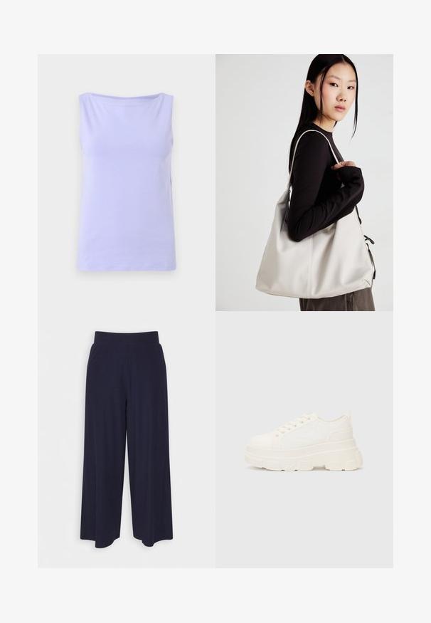 Lavendli, ilmavarrukatega pehme puuvillane topp, ümarate kaelustega ja sileda tekstuuriga. Lihtne disain, ilma nähtavate mustrite või aktsentideta.; Tumed põlvpüksid tumedast meresinisest kangast, millel on sooneline tekstuur. Omab sujuvat vööd ja voolavat siluetti, ulatudes pooleni säärest.; Valge kangast tennis, millel on paks tald, ümar varvas ja viis augukeed lakkide jaoks. Tagumine silt lihtsaks jalga panemiseks. Sile tekstuur, minimalistik disain.; Bež käekott pehme materjali, millel on lõtv disain, õmblustega detailid ja kaks õlarihma. Sobib igapäevaseks kasutamiseks.