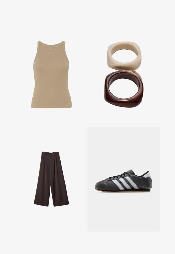 Bež ribana majica bez rukavov z okroglo izrezi, brezrokavnik in majhen odtisnjen logotip na sprednji strani. Mehak tekstil.; Črne široke hlače z visokim pasom, ki vsebujejo sprednje nabore in z gumbom za zapiranje na pasu, izdelane iz gladkega materiala.; Črne usnjene športne čevlje z belimi črtami, okroglo konico, ravnim podplatom in vezalnim zapiranjem. Ima perforacije za zračnost.; Stradivarius SET - Zapestnica - dark brown