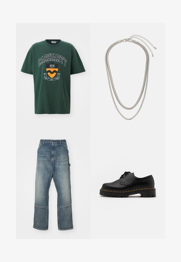 Σκούρο πράσινο βαμβακερό μπλουζάκι με έντονο λευκό λογότυπο "CARHARTT", γραφικό ασπίδας σε πορτοκαλί και μαύρο, και κοντά μανίκια.; Ανοιχτό γαλάζια τζιν με χαλαρή εφαρμογή, φτιαγμένα από τζιν ύφασμα. Διαθέτουν φαρδιά πόδια, μεγάλες μπροστινές τσέπες και λεπτομέρειες με αντίθεση στο ράψιμο.; Μαύρο δερμάτινο παπούτσι με κορδόνια και στρογγυλή μύτη, υφασμάτινη αντιολισθητική σόλα και κίτρινη ραφή γύρω από τη βάση. Φλάντζα σχεδίαση και λεία επιφάνεια.; Αλυσίδα τριών επιπέδων από ασημένιο μέταλλο, με κομψές, ευέλικτες αλυσίδες που έχουν ελαφριά γυαλάδα, ασφαλισμένη με κούμπωμα με καβίλι και ρυθμιζόμενη αλυσίδα.