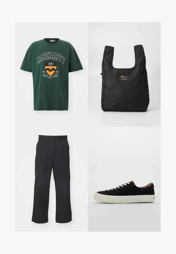 Temno zelena bombažna majica s poudarjenim belim logotipom "CARHARTT", grafiko ščita v oranžni in črni barvi ter kratkimi rokavi.; Črne hlače ravnega kroja iz tkanine z gladko teksturo, z zapiranjem na gumb spredaj in običajnimi žepi.; Črni platneni športni copat z belimi vezalkami, bež gumijastim podplatom in rdečim poudarkom na peti. Okrogla konica in minimalni detajli šivanja.; Črna prešita torba z veliko odprtino, ukrivljenimi oblikami na površini in oznako z rumenim in belim besedilom spredaj.
