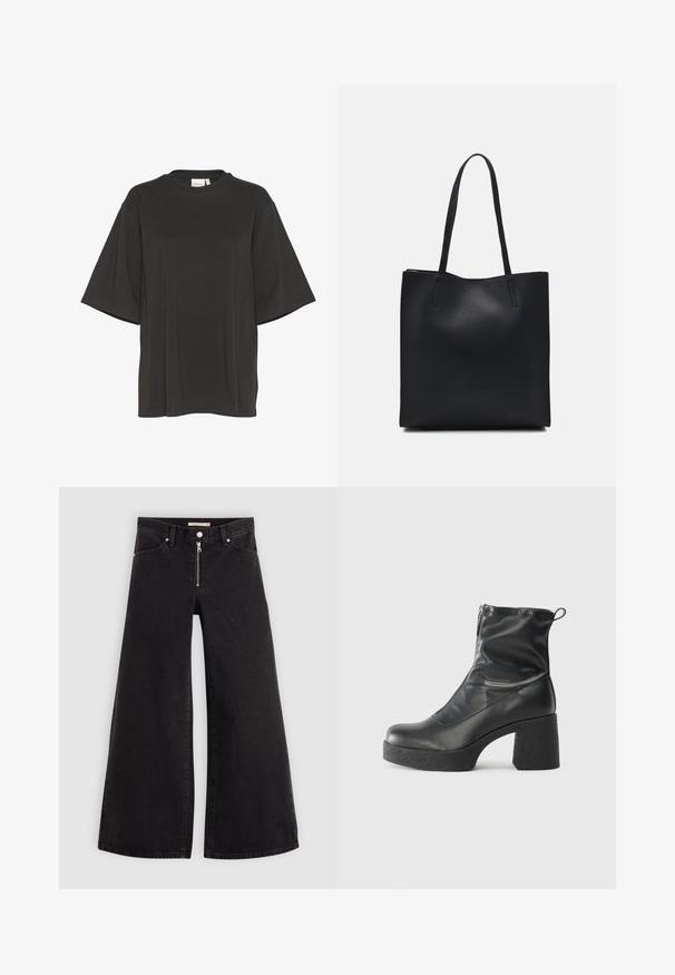 Gestuz SIMMA TEE - T-shirts basic - black; Vide ben jeans i sort denim med lynlås foran, fem lomme-design og subtile stikninger. Glat tekstur og afslappet stil.; Sorte ankelstøvler lavet af glat læder, med en sidelukning, kraftig struktureret hæl og rundt tådesign.; Sort læder tote taske med glat tekstur, rektangulær form og to lange hanke. Ingen synlig hardware eller udsmykninger.