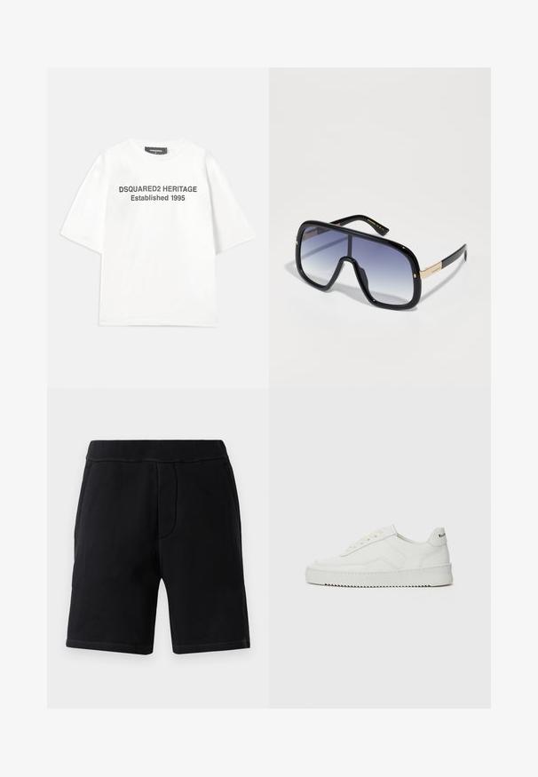 Dsquared2 Tricou cu imprimeu - white; Șorturi atletice negre dintr-un material moale; au un elastic în talie, două buzunare laterale și o cusătură contrastantă.; Sneakers din piele albă cu un finisaj neted, vârf rotund, șireturi plate și o talpă texturată. Prezintă un logo subtil pe călcâi.; Ochelari de soare supradimensionați, de culoare neagră, cu lentile gradient în nuanțe de violet, finisaj lucios și accente aurii pe brad. Formă rectangulară a ramei.