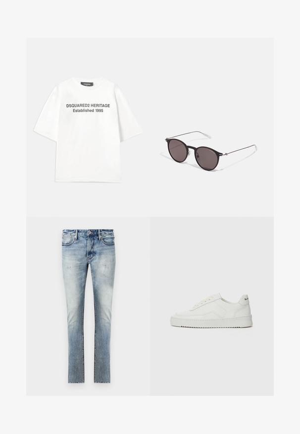 Dsquared2 T-Shirt print - white; Helle blaue Denim-Jeans mit einem ausgewaschenen Finish, schlankem Schnitt, fünf Taschen und kontrastierenden Nähten an den Nähten.; Weiße Ledersneaker mit glatter Oberfläche, runder Zehenpartie, flachen Schnürsenkeln und strukturiertem Sohlenprofil. Mit einem dezenten Logo an der Ferse.; Schwarze runde Sonnenbrille mit dunklen Gläsern und schlanken Metallbügeln. Enthält klare Tempelspitzen und silberne Akzente am Scharnier. Minimalistisches Design.