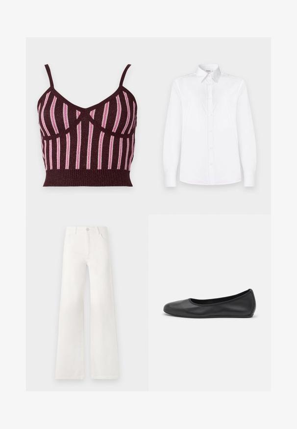 Burgundia värvi kudum, lühike top õhukeste rihmadega, millel on vertikaalsed roosa metallik triibud ja ribakujuline äär. Tekstureeritud kangas, millel on määratletud õmblused.; Valge pikakäigeline särk, mis on valmistatud siledast kangast, millel on krae ning ees on väikeste roosade nuppudega nööpidega kinnitamine.; Valged, kõrge vöökohaga laiad teksad, mis on valmistatud denimist. Omab nupuga sulgemist, kahte esimest taskut ja külgede õmbluste detailseid õmblusi.; Musthave mustika tantsutossud mustast nahast, ümmarguse varbaga, siledast tekstuurist, minimaalse õmblusdetailiga ja paindliku tallakujundusega.