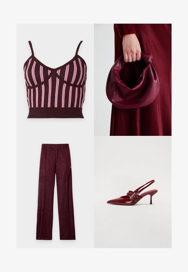 Burgundy stickad cropped topp med tunna band, prydd med vertikala rosa metalliska ränder och en ribbad fåll. Texturerad tyg med tydliga sömmar.; Burgundy träningsbyxor i texturerat tyg, med elastisk midja och sidsömmar för en rak ben-design.; Röda patentläder slingback-hälar med spetsig tå, två spännen och en smal, medelhög stilettklack. Slät textur.; Burgundy läderhandväska med en mjuk, samlad design och rundad form. Handtaget är säkrat och visar en slät yta.