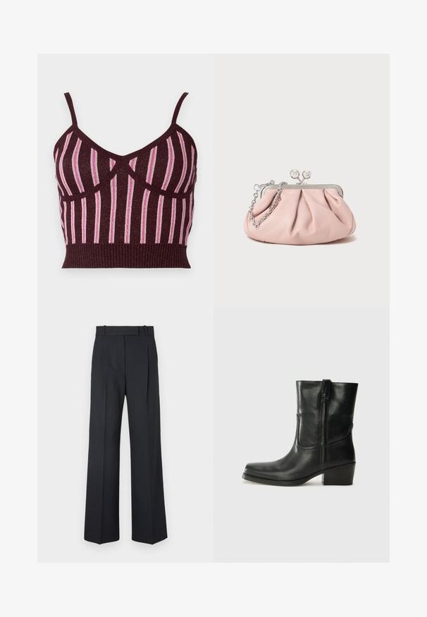 Burgundijas adīta īsā blūze ar plānām siksnām, ar vertikālām rozā metalizētām svītrām un ribotiem malām. Strukturēta auduma ar izteiksmīgām šuvēm.; Tumši zili svītraini bikses ar augstu jostu, platu kāju dizainu un bez redzamiem aksesuāriem vai rotājumiem. Gluda tekstūra un pielāgota forma.; Melna ādas potīte ar noapaļotu purngalu, bloku papēdi, sānu rāvējslēdzēju un šuvju akcentiem uz virsmas. Gluda tekstūra, klasiskā dizaina.; Rozā ādas sajūgs somiņa ar sakropļotu dizainu, metāla rāmi, diviem apaļiem aizdariem un sudraba ķēdes siksnu. Gluda tekstūra, kompakta forma.