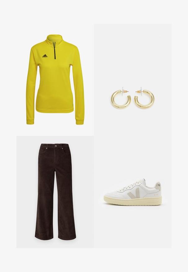 Geel sportpullover met een kwart-rits kraag, lange mouwen en een zwart Adidas-logo op de linkerborst. Gladde, gestructureerde stof.; Vero Moda Petite VMTESSA PANTS - Broek - chocolate torte; Witte leren sneaker met beige suède accenten, geperforeerde neus, platte veters en een gestructureerde crèmekleurige zool. Heeft subtiele branding op de hak.; Gouden creolen met een gladde, glanzende afwerking. Circulaire vormgeving met een kleine post en een doorzichtige achterkant voor een veilige draagervaring.