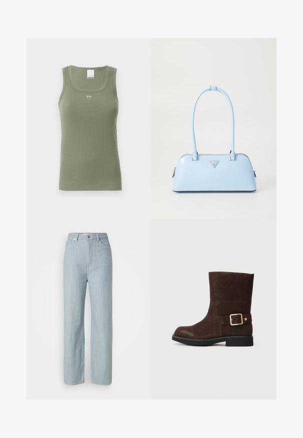 Top din bumbac ribbed de culoare verde măslin, cu gât rotunjit, bretele subțiri și un mic logo centrat pe piept. Material moale și elastic.; Jeans drepti de culoare bleu deschis, din denim. Prezintă cinci buzunare, un închizător metalic și o ușoară decolorare pentru textură.; Botină din suede maro până la gleznă, cu vârf rotund, talpă neagră plată și accent cu cataramă aurie pe lateral. Textură netedă și design simplu.; Geantă de mână bleu deschis, cu o formă structurată, din piele netedă, două mânere și un logo de brand triunghiular pe față. Închidere cu fermoar.