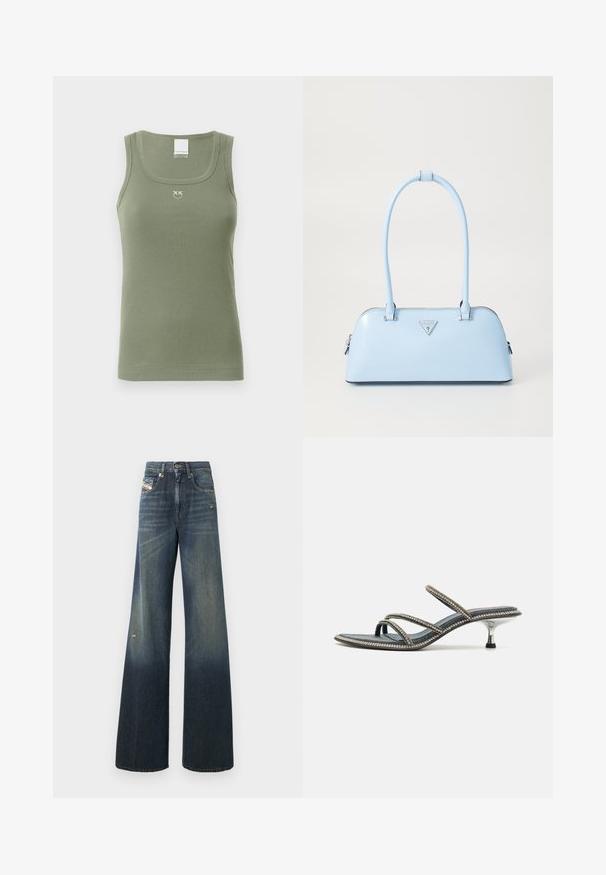 Oliivinvihreä ribattu hihaton paita, jossa on pyöreä pääntie, ohutolkaimet ja pieni logo keskellä rintaa. Pehmeä ja joustava kangas.; Tummansiniset leveälahkeiset farkut haalistuneella pinnalla, joissa on kulutettu polvi ja klassinen viiden taskun malli nimilapulla.; Denim sandaalit, joissa on kolme ohutta narua, jotka on koristeltu kimalteilla, terävä nilkka ja metallinen, korkean koron muotoilu. Liukumaton pohja.; Vaaleansininen käsilaukku, joka on muotoiltu jämäkästi, valmistettu sileästä nahasta, varustettu kahdella kahvalla ja edessä kolmiomainen brändilogo. Vetoketjukiinnitys.
