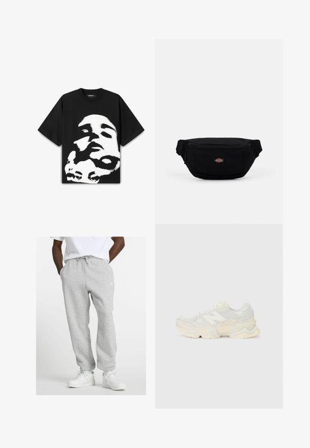 Mustat puuvillapaitat, joissa on suuri valkoinen ja musta graafinen printti päästä. Lyhyet hihat ja rento istuvuus, jossa on pyöreä kaula-aukko.; Mies, joka pitää päällään vaaleanharmaita verkkohousuja, joissa on nyöri, sekä valkoisia lenkkareita, seisoo kädet taskuissa valkoista taustaa vasten.; Kevyt lenkkari, jossa on verkko- ja mokkanahkapinta pehmeissä kerman sävyissä, chunky-pohja ja kolmiulotteiset yksityiskohdat.; Mustassa kankaasta valmistettu vyölaukku, jossa on vetoketjukiinnitys ja pieni brändilogo edessä. Kompakti, pyöreähkö muotoilu ja säädettävät hihnat.