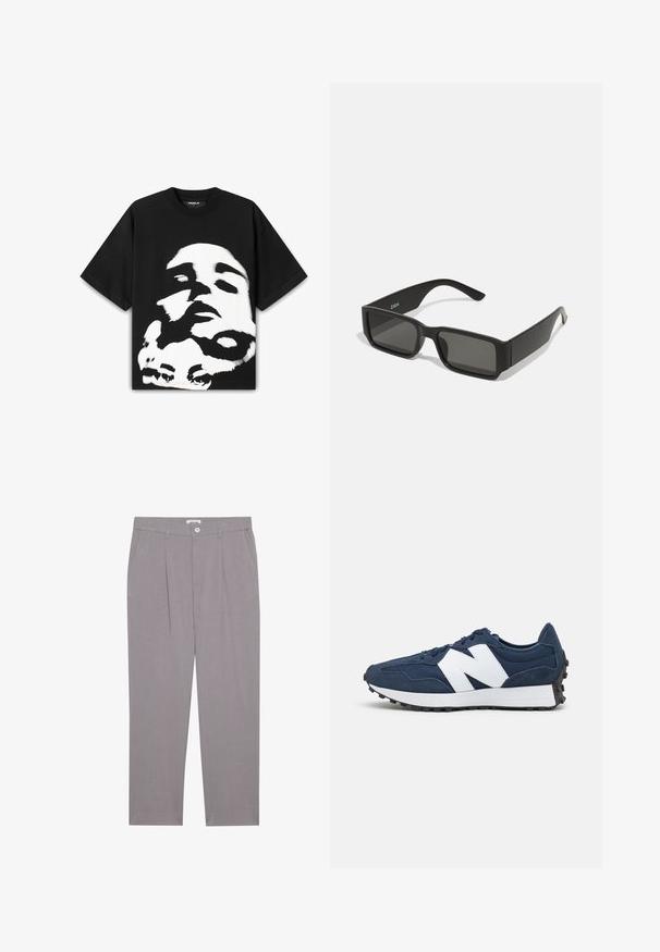 Black cotton t-shirt featuring a large white and black graphic print of a face. Short sleeves and a relaxed fit with a crew neck.; Grey tailored trousers with a straight cut, featuring two front pockets, pleats, and a button closure. Made from lightweight fabric.; Navy blue athletic shoes with white logo, suede, and mesh upper, featuring a padded collar, flat laces, and textured black rubber sole.; Black sunglasses with rectangular lenses, matte plastic frame, and straight edges. Features brand logo on the inner arm.