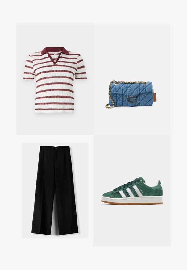 Raidalliset lyhythihiset neulepaita, jossa on viininpunainen kaulus. Hyvin vuorotellen valkoisia ja marjapuuron värisiä raitoja. V-pääntie ja ribbikuvio.; Mustat leveälahkeiset housut, jotka on valmistettu kevyestä kankaasta. Housuissa on etunappikiinnitys ja tasainen etuosa, sekä huolellisesti ommellut helmat.; Vihreät samettiset lenkkarit, joissa on valkoiset nahkakaistat, kumipohja, pehmustettu kaulus ja minimalistinen muotoilu. Sivulla on brändäys.; Sinine vatitatud teksakott õlal, millel on kuldne ahel rihm ja silmapaistev kuldne logo esiosas. Kompaktne ristkülikukujuline vorm.