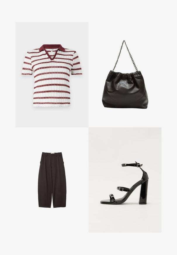 Gestreiftes Kurzarm-Stricktop mit burgunderfarbenem Kragen, das abwechselnd weiße und kastanienbraune Streifen enthält. V-Ausschnitt-Design und gerippte Textur.; Schwarze weit geschnittene Hosen aus einem glatten Stoff, mit hoher Taille, Frontfalten und Seitentaschen. Schlichtes Design ohne Verzierungen.; Schwarze patentierte Sandalen mit Absatz, quadratischer Spitze, Knöchelriemen und silbernen Schnallen. Mit einem stabilen Blockabsatz für mehr Stabilität.; Braune Lederhandtasche mit gerafftem Oberteil und Kettenriemen. Glatte Textur mit glänzendem Finish und subtilen Nahtdetails an den Seiten.