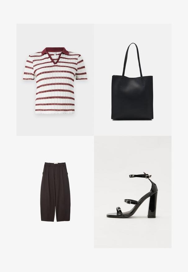 Pasiasty, krótki rękaw sweter z bordowym kołnierzykiem, z naprzemiennymi białymi i bordowymi paskami. Projekt w serek i prążkowana tekstura.; Czarne spodnie o szerokich nogawkach wykonane z gładkiego materiału, z wysokim stanem, plisami z przodu i bocznymi kieszeniami. Prosty fason bez zdobień.; Czarne lakierowane sandały na obcasie z kwadratowym noskiem, z paskami wokół kostki i srebrnymi klamrami. Posiadają masywny słupek dla stabilności.; Czarna skórzana torba tote o gładkiej fakturze, prostokątnym kształcie i dwóch długich uchwytach. Brak widocznych elementów metalowych i ozdób.