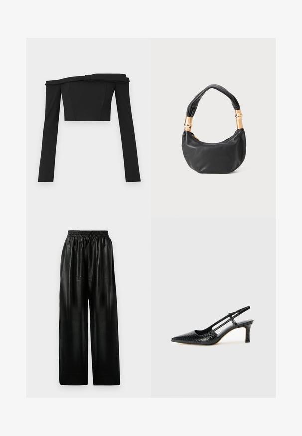 Crni cropped top s dugim rukavima, bez ramena, s strukturiranim dizajnom i čvorom na izrezu, izrađen od glatkog materijala.; Crne kožne hlače širokih nogavica s elastičnom trakom u struku, koje imaju dva bočna džepa i glatku, sjajnu površinu.; Crne lakirane slingback pete s oštrim vrhom, s teksturiranim uzorkom zmijske kože, podesivom remenom i kratkom, teksturiranom blok-petom.; Crna kožna torba s okruglim oblikom, mekim teksturom i čvorastom ručkom s zlatnim metalnim detaljima. Zatvaranje na patentni zatvarač.