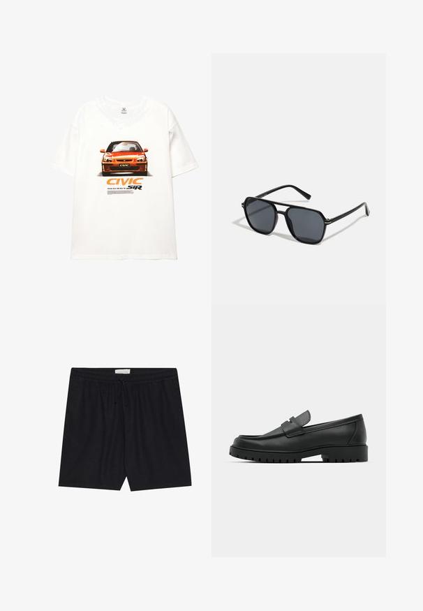 Biele tričko so grafikou červenej Hondy Civic, s nápismi "CIVIC" a "SiR" v tučnej oranžovej farbe, a popisným textom pod obrazom.; Čierne šortky s elastickým pásom a šnúrkou, s hladkým povrchom a rovnou siluetou, vhodné na bežné nosenie.; Čierne kožené mokasíny s okrúhlou špičkou, s prešitým dizajnom, nízkou platformou a textúrovanou, zúbkovanou gumovou podrážkou.; Čierne slnečné okuliare s osemuholníkovým rámom, tmavými sklami, lesklým povrchom, tenkými rámčekmi a zlatými akcentmi na prednej strane.