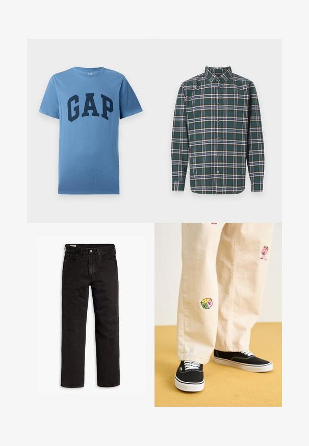 Blå kortermet T-skjorte med rund hals og stor mørkeblå "GAP" tekst trykt over brystet.; Grønn flanellskjorte med rutete mønster som har blå, hvite og sennepsgule linjer. Knapper foran og spiss krage. Lange ermer.; Svarte rette dongeribukser med fem lommer, knappefeste og beltehemper, lagt flatt på en hvit bakgrunn.; Beige bomullsbukser med lekne broderte design, inkludert en rosa karakter og fargede blokker, kombinert med svarte snørebåndssko.