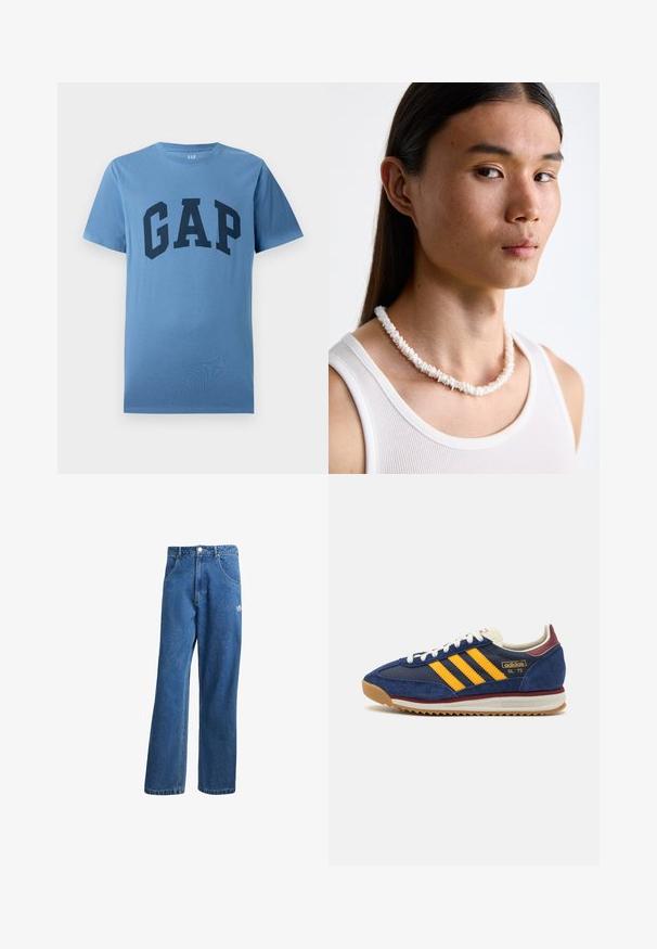 Niebieska koszulka z krótkim rękawem i okrągłym dekoltem, z dużym ciemnoniebieskim napisem "GAP" nadrukowanym na piersi.; Niebieskie dżinsy o wysokim stanie i szerokich nogawkach z przednimi kieszeniami, paskiem, zapięciem na guziki oraz małym logo Adidas na prawej udzie.; Granatowe zamszowe sneakersy z żółtymi paskami, białymi sznurowadłami i burgundowymi akcentami. Teksturowana podeszwa z rowkami zapewniającymi przyczepność. Logo marki na boku.; Biała muszelkowa naszyjnik składający się z nieregularnych kształtów, noszony na dopasowanym białym podkoszulku. Gładka tekstura z subtelnym połyskiem, przylegający fason.