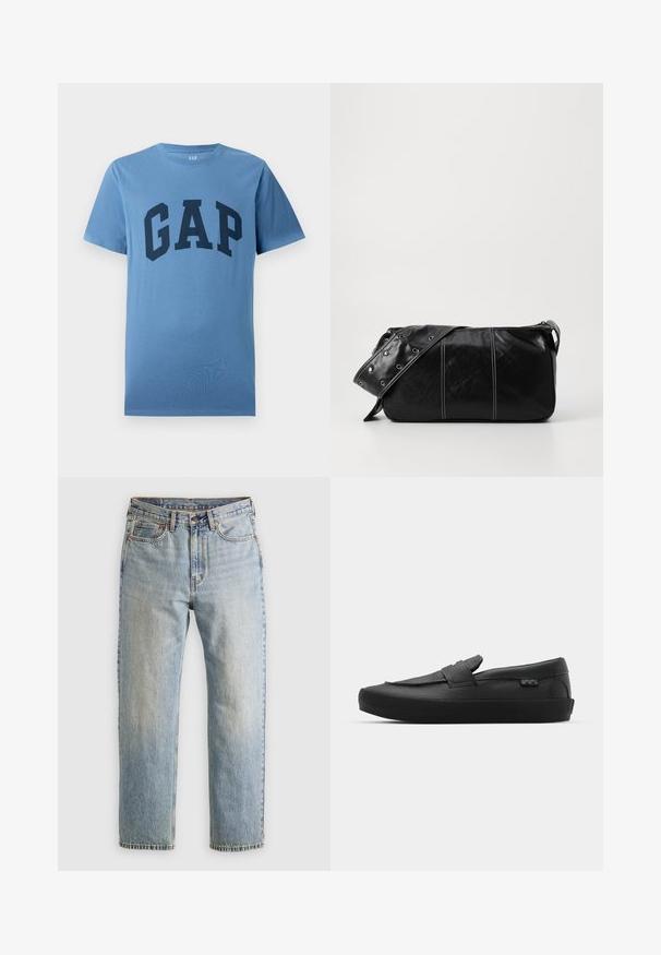 Plava kratka majica s kratkim rukavima i okruglim izrezom, s velikim tamnoplavi natpisom "GAP" otisnutim preko prsnog dijela.; Svijetloplave traperice visoki struk, prednji gumb, zatvarač i dizajn s pet džepova, položene ravno na neutralnoj pozadini.; Vans SKATE LOAFER UNISEX - Tenisice - black; Crna kožna torba preko ramena s zatvaranjem na patentni zatvarač, s teksturiranim tijelom, bijelim šavovima i remenom sa srebrnim okovima.