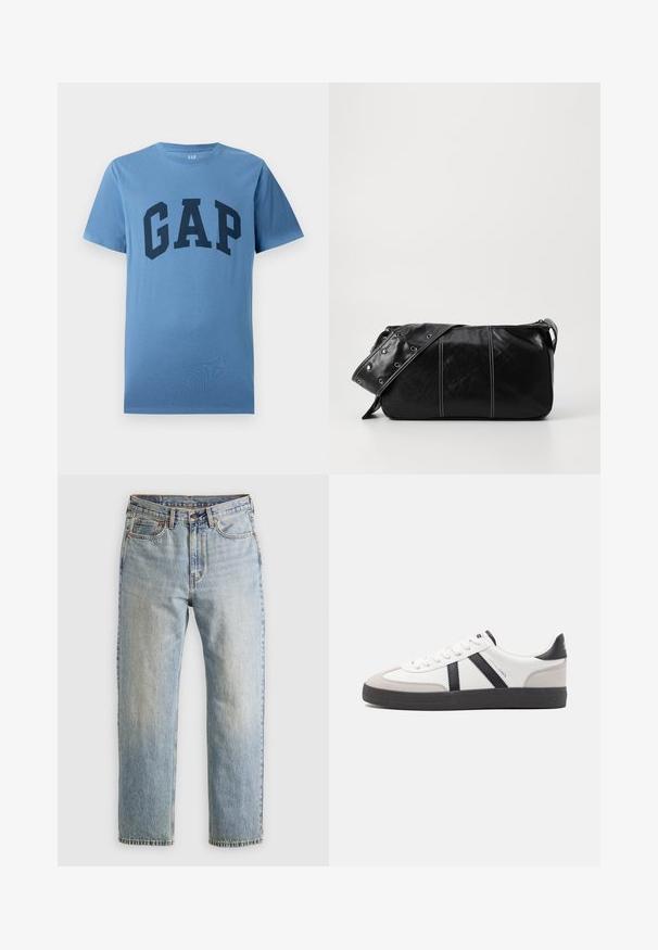 Plava kratka majica s kratkim rukavima i okruglim izrezom, s velikim tamnoplavi natpisom "GAP" otisnutim preko prsnog dijela.; Svijetloplave traperice visoki struk, prednji gumb, zatvarač i dizajn s pet džepova, položene ravno na neutralnoj pozadini.; Bijele tenisice s crnim i sivim detaljima, s teksturiranim sivim zaštitnikom prstiju, crnim gumene potplate i ravnim bijelim vezicama. Čist dizajn, minimalistički stil.; Crna kožna torba preko ramena s zatvaranjem na patentni zatvarač, s teksturiranim tijelom, bijelim šavovima i remenom sa srebrnim okovima.
