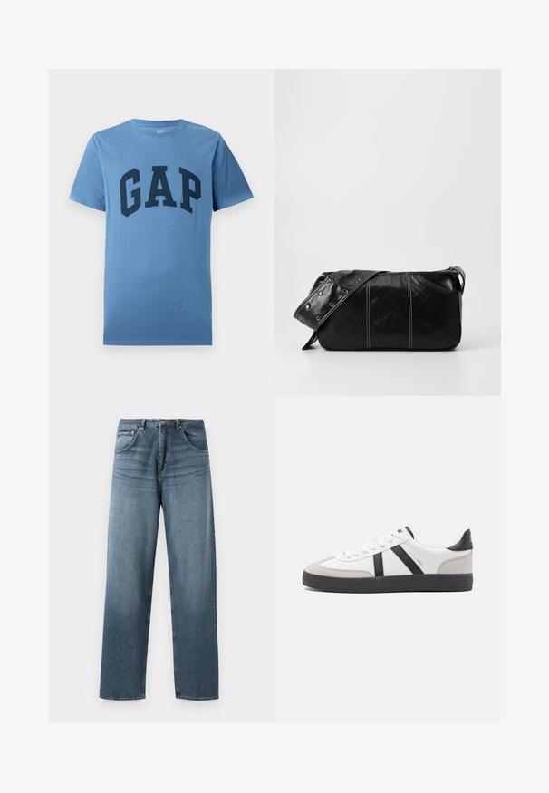 Mėlynas trumpomis rankovėmis, apvaliu kaklu, marškinėliai su dideliu tamsiai mėlynu užrašu "GAP", atspausdintu ant krūtinės.; Tiesi blue džinsai su tiesiomis kojomis, turintys nublukusią apdailą, su penkių kišenių dizainu, metaline saga ir diržo kilpomis. Tvirto vidutinio svorio audinys.; Balti sportbačiai su juodais ir pilkais akcentais, pasižymintys tekstūruotu pilku pirštų dangteliu, juoda gumine padais ir plokščiomis baltomis raišteliais. Švarus dizainas, minimalistinis stilius.; Juodas odinis pečių krepšys su užtrauktuku, turintis tekstūruotą paviršių, baltą siuvinėjimą ir dirželį su sidabinėmis metalinėmis detalėmis.
