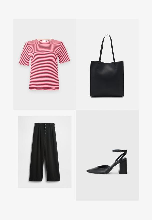 Punane ja valge triibuline lühikeste varrukatega T-särk, valmistatud ribakudumist, ümmarguse kaelusega. Minimalistlik disain, kitsas lõige, ilma märgatavate aktsentideta.; Laiad mustad püksid, mis on valmistatud tekstuuriga kangast. Omab kõrget vööd, viie nööbiga esist fasteningut ja pressitud voldid lisadetailideks.; Mustmustest must-käigukingad, millel on konksuga nöör ja paks konts. Ühtlane tekstuur, stiilne disain ja minimalistlik esteetika.; Mustast nahast kott sujuva tekstuuriga, ristkülikukujuline ja kahe pika sangaga. Pole nähtavat riistvara ega kaunistusi.