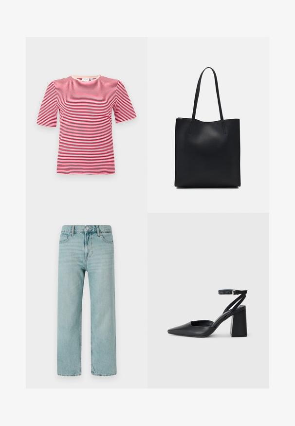 Red and white striped short-sleeve T-shirt made of ribbed fabric with a round neckline. Minimalistic design, fitted shape, no notable accents.; Light blue wide-leg jeans made from denim, featuring a classic five-pocket design, clean lines, and a regular waistband with a button closure.; Black leather pointy-toe pump with an ankle strap and a chunky heel. Flat texture, sleek design, and minimalistic aesthetics.; Black leather tote bag with smooth texture, rectangular shape, and two long handles. No visible hardware or embellishments.