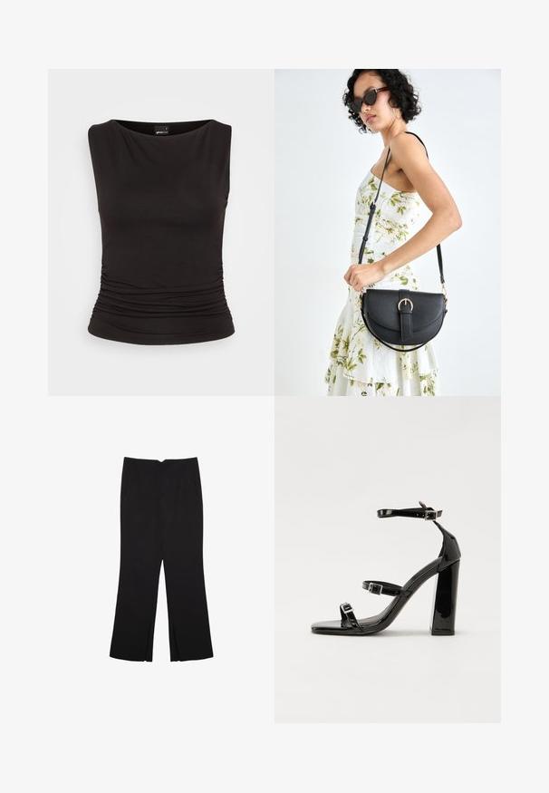 Čierny bezramienkový top vyrobený z elastického materiálu, s lodičkovým výstrihom a nariasením v oblasti pása, poskytujúci priliehavý strih.; Čierne nohavice so strihom rovného strihu, s prednými vreckami a bočnými rozparkami na leme. Vyrobené z mäkkej, hladkej tkaniny. Vhodné na rôzne príležitosti.; Čierne lakované sandále na podpätku so štvorcovou špičkou, navlečenými remienkami okolo členku a striebornými prackami. Disponujú masívnym blokovým podpätkom pre stabilitu.; Čierna kožená kabelka s zaobleným tvarom, odnímateľným popruhom a zlatými doplnkami. Kabelka má klopu s detailom s prackou.