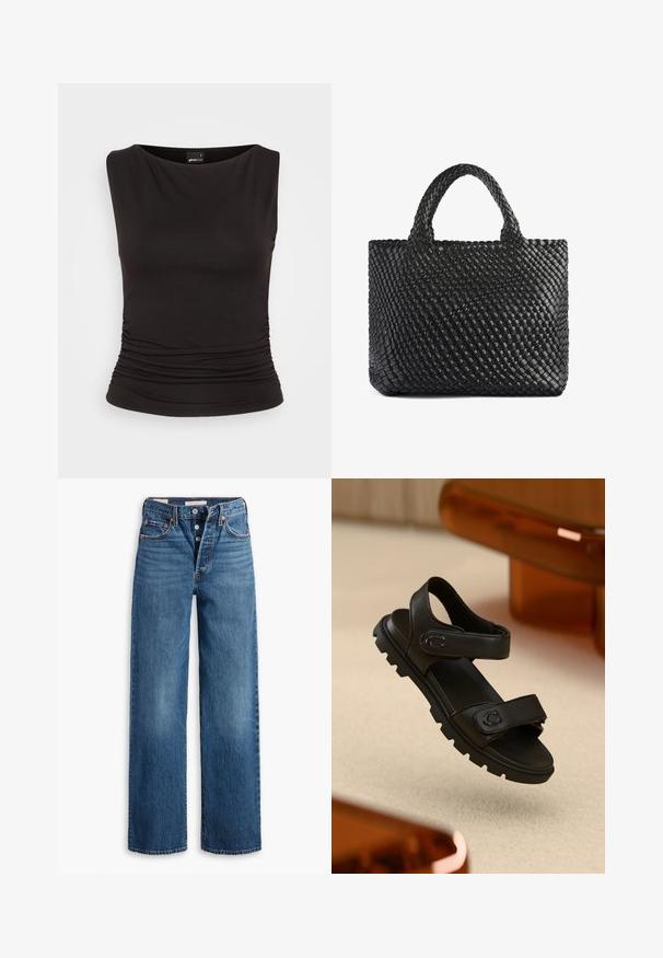 Svart ärmlös topp gjord av stretchigt tyg, med båturringning och rynkdetaljer i midjan, vilket ger en figurnära silhuett.; Blå denimjeans med bred bendesign, fem fickor, knappgylf och kontrasterande sömmar. Texturerad tyg med en blekt finish.; Svart lädersandal med två justerbara remmar, texturerad sula och djärv, kraftig design. Har en loggopartiet på remmen.; Svart vävd toteväska med två handtag, med en texturerad yta och rektangulär form. Enkel, unik design utan synlig hårdvara.