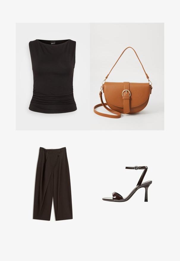 Black sleeveless top made of stretchy fabric, featuring a boat neck and gathered detailing at the waist, providing a fitted silhouette.; Dark brown wide-leg trousers with a high waist, featuring a single button closure and a pleated front. Made from lightweight fabric.; Brown patent leather high-heeled sandal with an ankle strap, open toe, and a sleek, minimalist design. Features a square heel.; Brown leather crossbody bag with a curved shape, gold hardware, and a buckle accent. Features a detachable shoulder strap.
