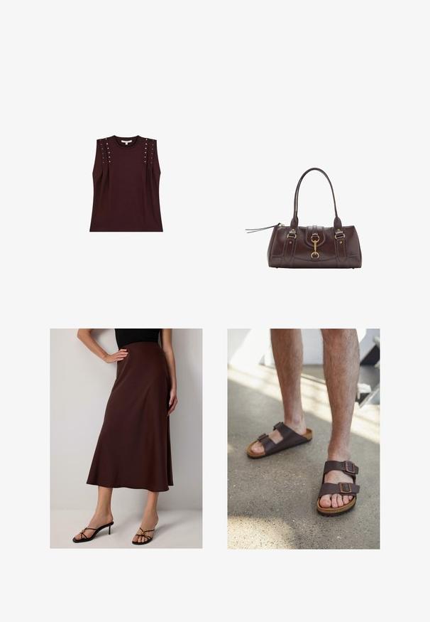 Tumman viininpunainen hihaton paita, jossa on olkapäiden niitit, valmistettu pehmeästä kankaasta. Ominaisuuksia ovat klassinen pyöreä kaula-aukko ja rento malli.; Ruskea, polvimittainen satiinishortti, jossa on liehukesilhuetti. Siinä on sileä pinta ja korkea vyötärö, joka on yhdistetty mustiin korkokenkiin.; Ruske nahkake sandals sa kahe reguleeritava klambriga, korkjalats ja tekstuuriga kummitald, kantud paljajalu betoonpinna peal.; Tummanruskea nahkakäsilaukku, jossa on kaksi yläkahvaa, kullanväriset yksityiskohdat, etuosan lukitus ja tikatut tekstuurit sivuilla.