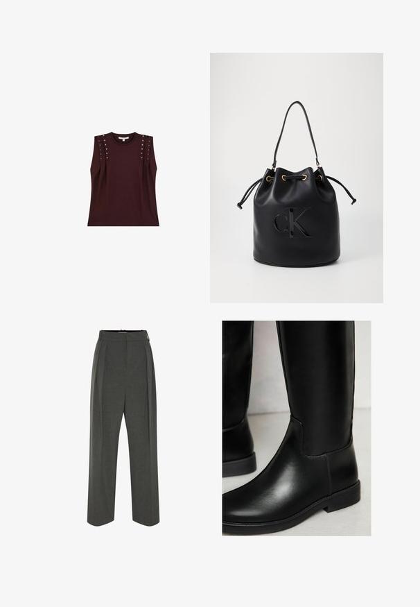 Dark burgundy sleeveless top with shoulder studs, made from soft fabric. Features a classic round neckline and a relaxed fit.; Gray wide-leg trousers made of textured fabric, featuring a high waist and front pleats. The design includes a smooth waistband and no visible fastenings.; Black leather knee-high boots with a smooth texture, round toe, minimal stitching, and a low block heel. Features a sleek, fitted design.; Black leather bucket bag with drawstring closure, featuring a glossy "CK" logo on the front and gold-tone hardware accents.