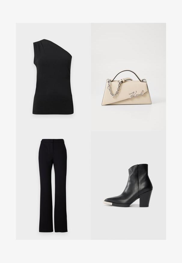 Sorte, en-skulder-top med et glat, tætsiddende design. Lavet af blødt stof med diskrete plisseringer på skulderen.; Sorte bukser med lige snit, glat tekstur og en talje med en enkelt knaplukning. Ingen synlige mønstre eller accenter.; Sort læder ankelstøvle med spids tå, høj blokhæl og detalje med sølv tåhætte. Glat tekstur og enkelt design.; Beige læderhåndtaske med en struktureret, trekantet form, der har et sølvfarvet kædehåndtag og et kursivlogo i metal.