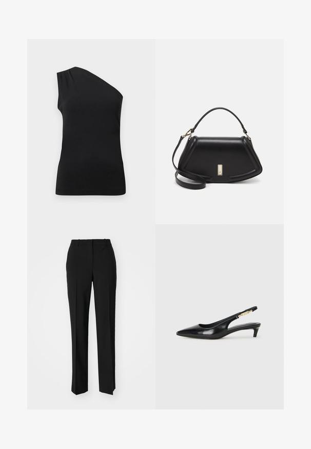 Top nero a spalla singola con design elegante e aderente. Realizzato in tessuto liscio con leggere plissettature sulla spalla.; Pantaloni neri su misura con un design a gamba dritta, caratterizzati da una texture liscia e pieghe ben definite sul davanti. Senza hardware visibile.; Tacchi slingback in pelle nera con punta affusolata, caratterizzati da un tacco alto e un accento dorato sulla cinghia regolabile. Texture liscia.; Borsa a mano in pelle nera con un design strutturato, caratterizzata da una forma corta, manico superiore e accessori in metallo dorato. Inclusa tracolla regolabile.