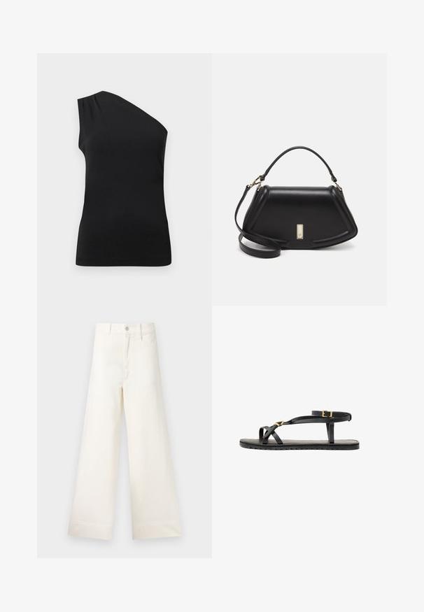Zwarte, één-schoudertop met een slank, getailleerd ontwerp. Gemaakt van gladde stof met subtiele plooien op de schouder.; Bredere broek van lichtbeige katoen. Heeft een hoge taille, voorzakken en een rechte snit. Schoon afgewerkte zoom zonder patronen.; Zwarte leren sandalen met dunne banden en een gespsluiting rond de enkel. Platte zool met een gestructureerde afwerking en een zigzagrand. Minimalistisch design.; Zwarte leren handtas met een gestructureerd ontwerp, featuring een verkorte vorm, bovenhandvat en gouden hardwareaccent. Inclusief verstelbare schouderband.