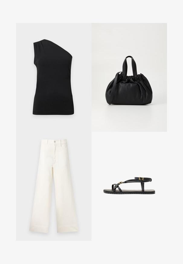 Fekete, egyszervállú felső, elegáns, testhezálló kialakítással. Simma szövetből készült, finom redőzéssel a vállnál.; Világos bézs pamut széles lábú nadrág. Magas derék, elülső zsebek és egyenes vonalú fazon jellemzi. Tiszta, mintázat nélküli hem befejezés.; Fekete bőrszandál vékony pántokkal és csattal ellátott bokapánttal. Lapos talp texturált felülettel és hullámos széllel. Minimalista dizájn.; Fekete bőr kézitáska, összegyűrt felső dizájnnal, két rövid fülekkel és egy hosszú, állítható pánttal. Simább textúra, lekerekített forma.