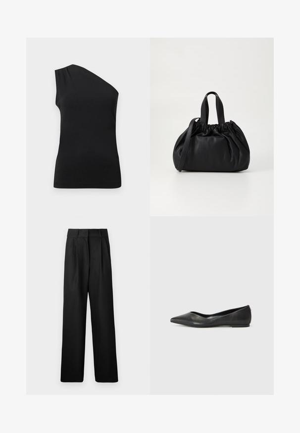 Sorte, en-skulder-top med et glat, tætsiddende design. Lavet af blødt stof med diskrete plisseringer på skulderen.; Sorte vide bukser med en glat tekstur, med forkørsler og høj talje design. Fremstillet af et let stof.; Sorte læder balletlejersko med spids tå, lav hæl og glat overflade. Minimalistisk design med en diskret sideaccent.; Sort læderhåndtaske med en samlet topdesign, der har to korte håndtag og en lang justerbar rem. Glat overflade, rund form.