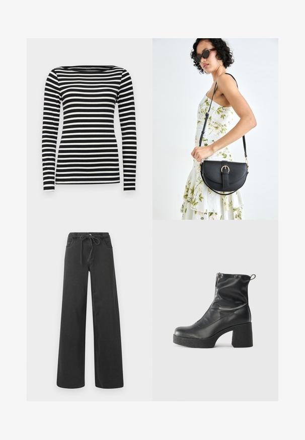 GAP MOD BATEAU - Pikkade varrukatega topp - ivory/black; Mustad laiad teksapüksid, mis on valmistatud denimist, kummiga vöökoht, kaks esikotid ja sile tekstuur. Pole nähtavaid mustreid ega aktsente.; Mustad mustad ansapüksid, mis on valmistatud siledast nahast, külje zipperiga, paksu tekstuuriga kontsaga ja ümmarguse nina disainiga.; Mustmust mustraha kõverate joontega, eemaldatava rihmaga ja kuldsete detailidega. Kotil on klapp, millel on pandladetail.