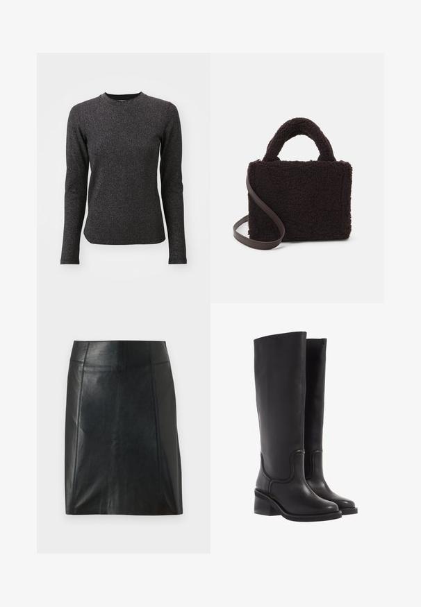 Fekete, hosszú ujjú pulóver texturált, bordázott anyagból készült, kerek nyakkivágással. Finom csillogó szálakkal díszített, ami extra részletességet ad.; Fekete bőr szoknya testhezálló szabással. Sima textúra, varratok, amelyek körvonalazzák a formát, és egyenes szegély. Minimalista és karcsú megjelenés.; Fekete bőr, térdfelett érő csizmák sima textúrával, kerek orral és vastag sarokkal. Finom varrásokkal és letisztult dizájnnal rendelkezik.; Barna, textúrált kézitáska puha bolyhos anyagból, téglalap alakú, dupla felső fogantyúkkal és levehető barna pánttal.