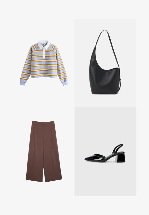 Langsleeve rugby shirt met witte kraag, lichtblauwe basis en horizontale mosterdgele en gele strepen, met een knoopsluiting aan de voorkant.; Bruine wijde broek met een gladde textuur, voorzien van een hoge taille en plooien aan de voorkant. De stof is lichtgewicht en valt losjes.; Zwarte gepatineerde leren slingback hakken met een spitse neus en een geometrische blokhak. Kenmerkt zich door een slank, minimalistisch ontwerp en een gladde textuur.; Zwarte leren hobo tas met een gladde textuur, kromme vorm en een enkele verstelbare schouderband; heeft een brede opening aan de bovenkant.