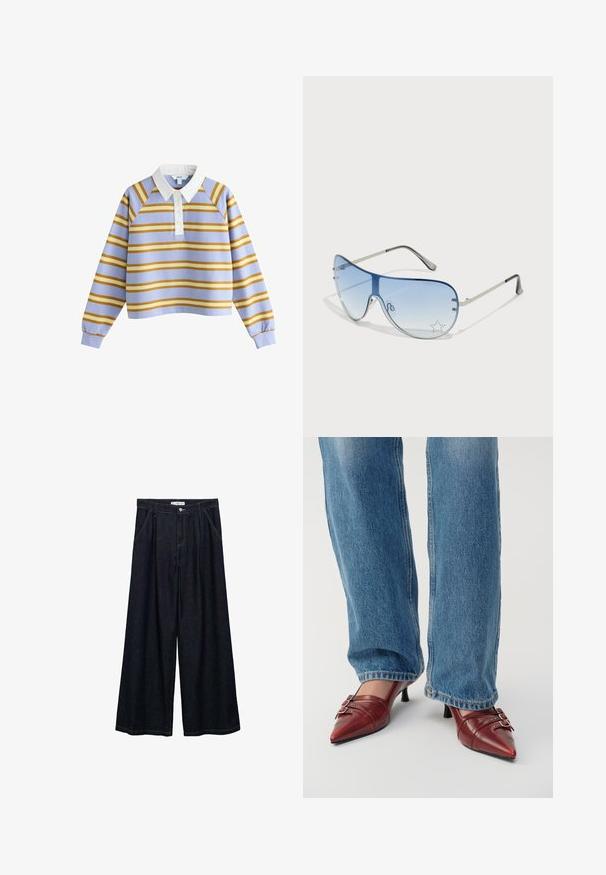Langsleeve rugby shirt met witte kraag, lichtblauwe basis en horizontale mosterdgele en gele strepen, met een knoopsluiting aan de voorkant.; Donkerdenim wijde-broek met een hoge taille, voorzien van een sluiting met knoop aan de voorkant, twee zijzakken en stikdetails.; Rode leren puntige schoenen met een kleine hak, voorzien van horizontale stiksels en twee zilveren gespen, gedragen met blauwe spijkerbroeken.; Aviator zonnebril met een gradient blauwe lens, zilveren metalen frame en decoratieve sterrenaccenten op de lens. Glad en strak ontwerp.; Zilveren creolen met een glad, gepolijst oppervlak en een naadloos ontwerp, voorzien van afgeronde randen en een stevige sluiting.