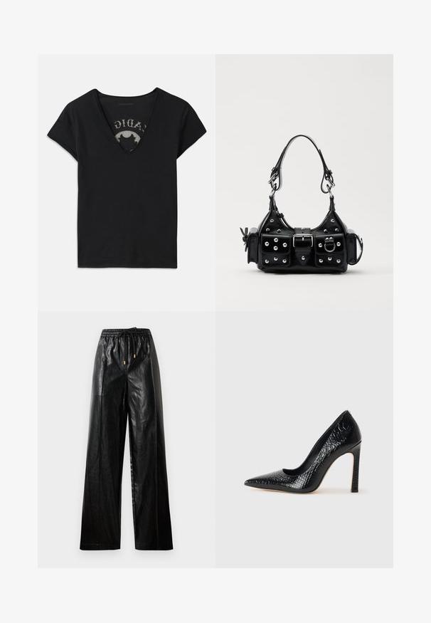 Czarny krótki t-shirt z krótkim rękawem i głębokim dekoltem w kształcie litery V, z siateczkowym panelem i nadrukowanym wzorem na wewnętrznej warstwie. Miękka, oddychająca tkanina.; Czarne skórzane spodnie typu wide-leg z elastycznym pasem, sznurkiem i złotymi akcentami. Gładka tekstura i luźny krój.; Czarne szpilki z ostrym noskiem, pokryte teksturą skóry krokodyla, charakteryzujące się eleganckim wzornictwem, wysokim obcasem w stylu stiletto oraz gładkim czarnym wnętrzem.; Czarna skórzana torebka w zakrzywionym kształcie, z srebrnymi ćwiekami, klamrą i dwoma bocznymi kieszeniami. Regulowany pasek umożliwiający różne opcje noszenia.