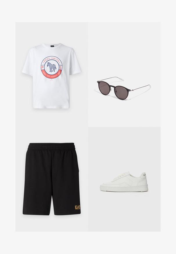 Fehér pamut póló kör alakú grafikával. A középen elhelyezkedő design tartalmazza a "Paul Smith" feliratot és egy illusztrált zebrára utal a körön belül.; Fekete sportnadrág puha anyagból, rugalmas derékkal és egy kis sárga EA7 logóval a bal alsó lábszáron.; Fehér bőr sportcipő sima felülettel, kerek orral, lapos fűzőkkel és texturált talppal. Finom logó található a sarokon.; Fekete kerek napszemüveg sötét lencsékkel és karcsú fém szárakkal. Átlátszó szárvégeket és ezüst részleteket tartalmaz az ívnél. Minimalista dizájn.