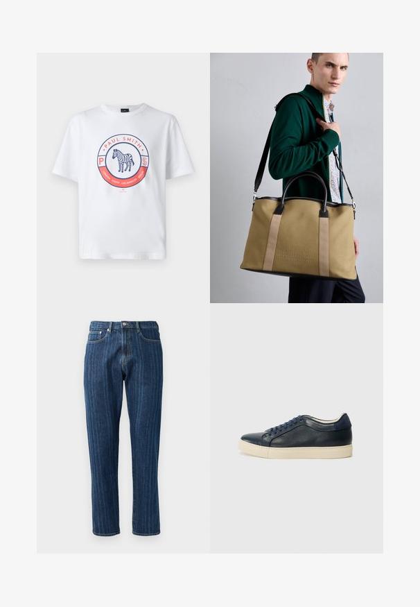 White cotton t-shirt featuring a circular graphic. Centered design includes the text "Paul Smith" and an illustrated zebra within the circle.; Dark blue denim jeans with a straight leg, visible stitching, five-pocket design, and a button closure at the waistband.; Navy blue leather sneaker with cream rubber sole, featuring blue laces and a smooth texture. Rounded toe and minimalistic design.; Canvas tote bag in beige with dark leather accents, featuring dual handles and a detachable shoulder strap; embossed logo detail on front.