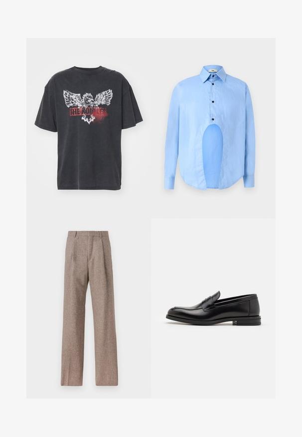 Melnas, pārāk lielas T-kreklu ar īsām piedurknēm, uz kura ir attēlots ērgļa grafiks un teksts "MĒS PASTĀVAM" sarkanā krāsā uz nodiluša fona.; Gaiši zils garām piedurknēm krekls ar punktētu apkakli, melniem pogām un unikālu izgriezumu priekšpusē, lai izceltu dizainu.; Brūni, augstos šortos izgatavoti no teksturēta auduma. Iezīmē plašas kājas un divas priekšējās krokas, kas nodrošina struktūru. Kārtīga apdare bez redzamām detaļām.; Melnas ādas kurpes ar gludu tekstūru, noapaļu purngalu un dekoratīvu siksniņu pāri priekšpusei. Zems sakrauts papēdis, minimālisma dizains.